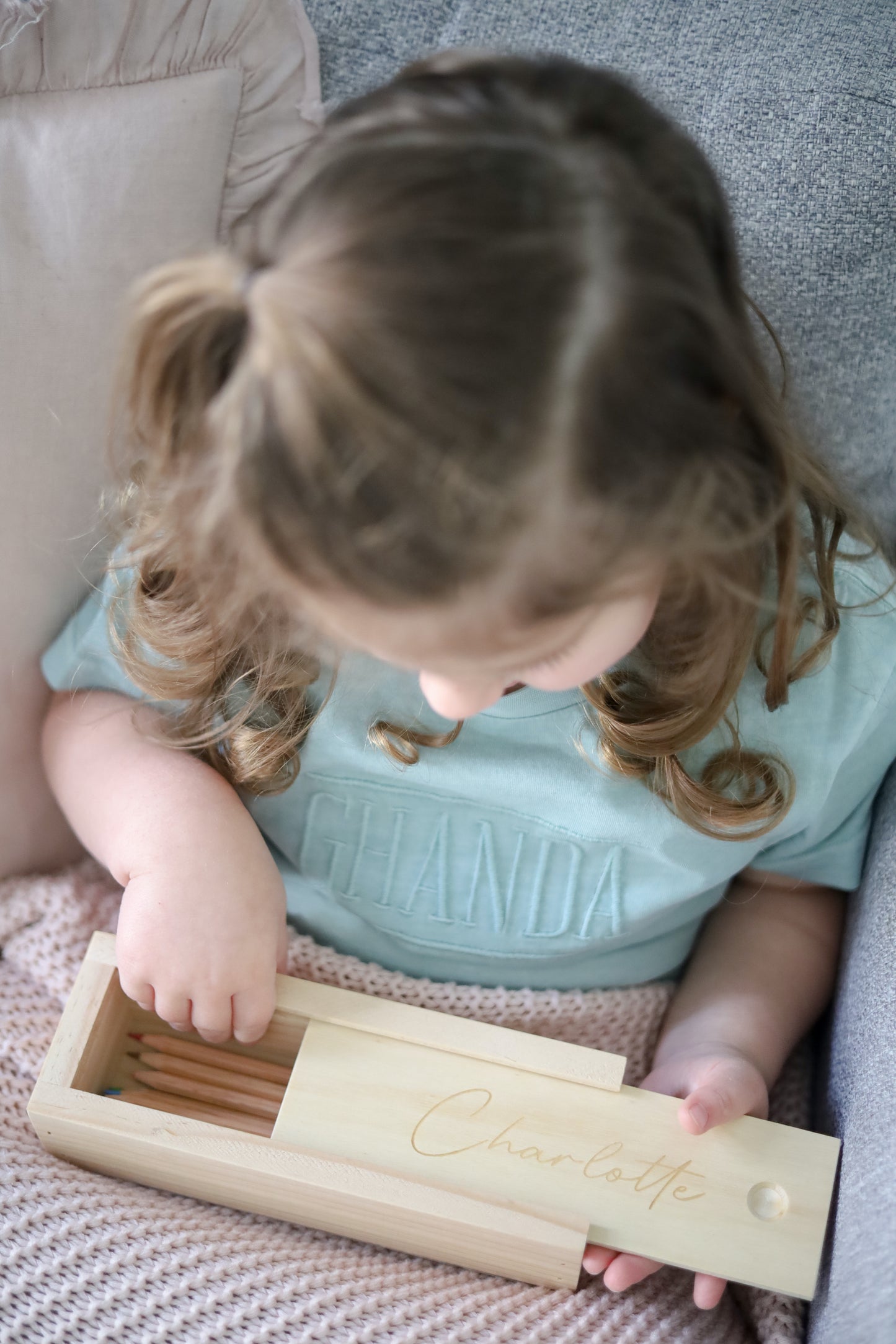 Personalised wooden pencil box and pencils