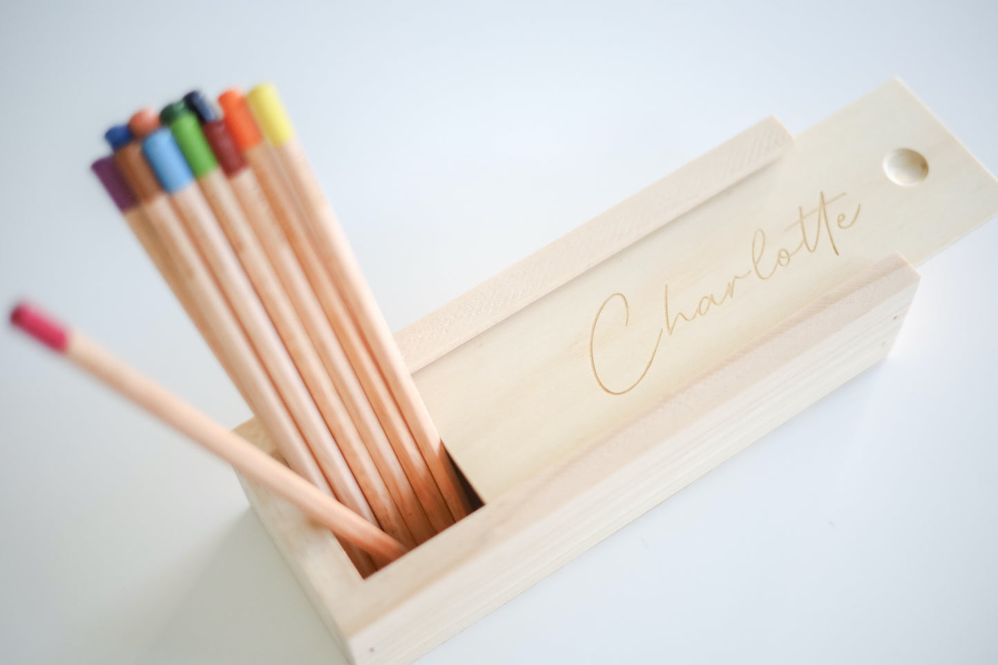 Personalised wooden pencil box and pencils